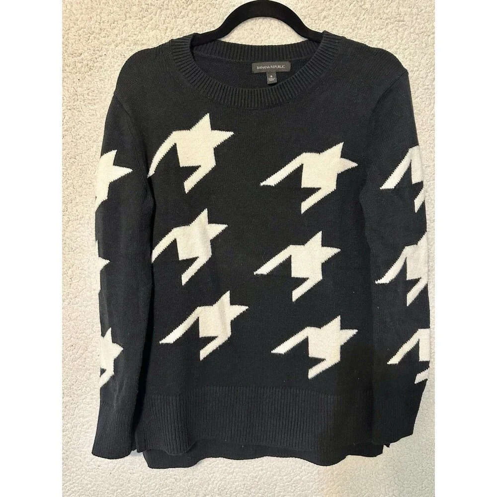 Banana Republic Black/White Herringbone Knit‎ Sweater Black Trim  Size S